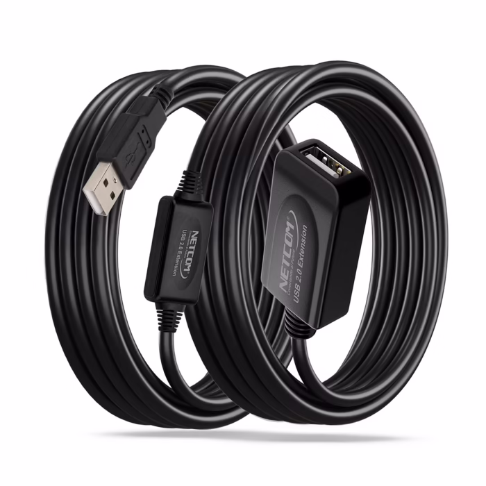 Extensión USB de MT Activo USB  Mbps Netcom PE UA Conexión USB Estable a Larga Distancia Cable extensor USB  activo de  metros Netcom PE UA mostrando el conector de entrada USB A y los boosters de señal integrados un producto de HD Multimedia PERU SAC