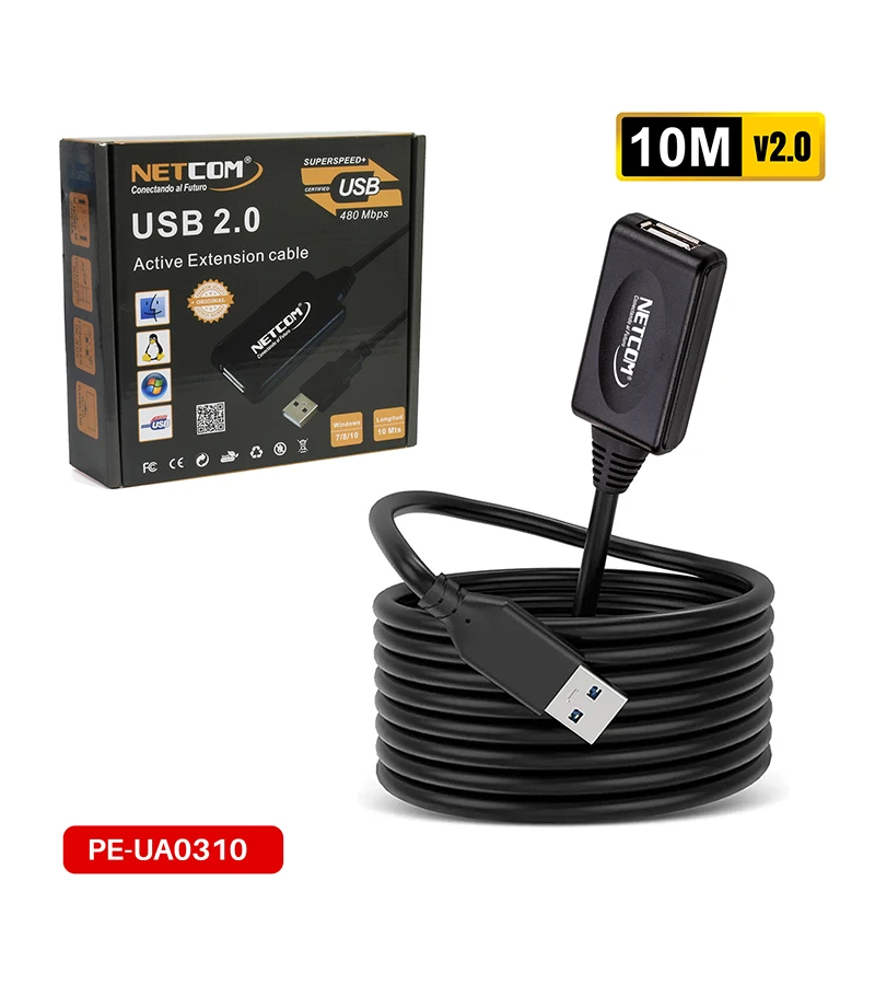 Cable Extensión USB 2.0 de 10 Metros con Booster Amplificador Netcom PE-UA0310