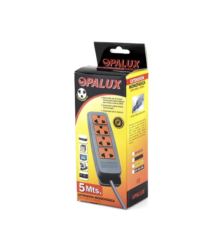 Extensión de Corriente de 5M con 4 Tomas Universales y Punto a Tierra Opalux OP-930-5G