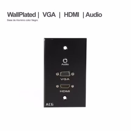 FacePlate HDMI VGA y Audio MiniPlug 3.5mm ACG WP-HVA Placa de Pared con HDMI +  VGA y Audio MiniPlug 3.5mm Color Negro, Base de Aluminio ACG WP-HVA