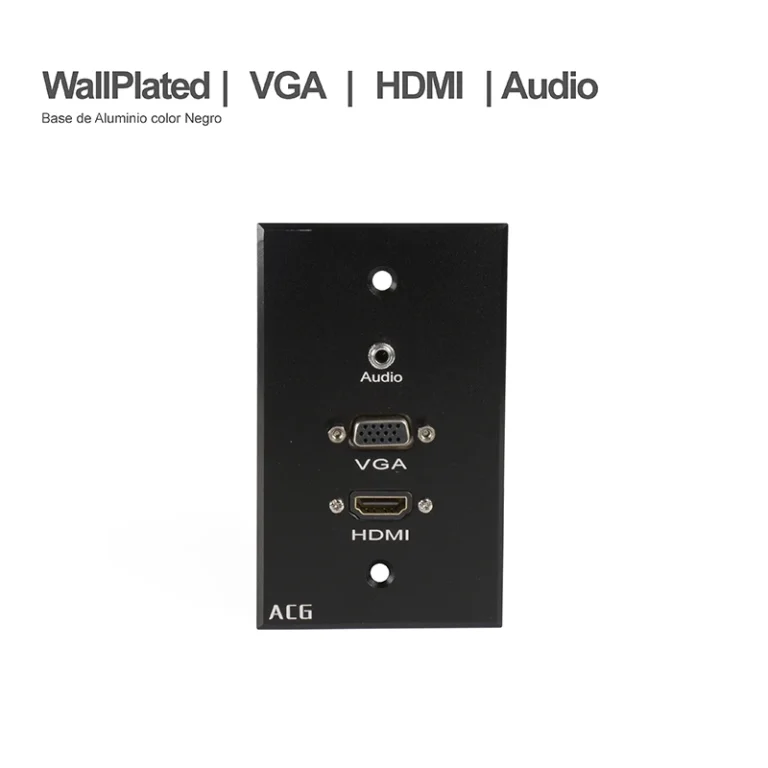 FacePlate HDMI VGA y Audio MiniPlug 3.5mm ACG WP-HVA Placa de Pared con HDMI +  VGA y Audio MiniPlug 3.5mm Color Negro, Base de Aluminio ACG WP-HVA