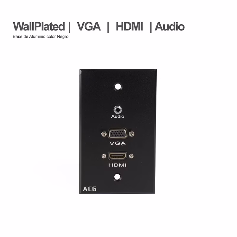 FacePlate HDMI VGA y Audio MiniPlug mm ACG WP HVA Placa de Pared con HDMI   VGA y Audio MiniPlug mm Color Negro Base de Aluminio ACG WP HVA