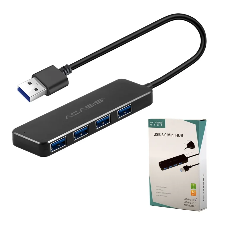 Hub USB 3.0 de 4 Puertos Acasis AB3-L42: ¡Expande tu Conectividad con Velocidad y Potencia Extra!, Hub USB 3.0 de 4 puertos Acasis AB3-L42 de color negro, mostrando sus cuatro puertos USB-A y el puerto de alimentación Micro USB lateral, producto de HD Multimedia.