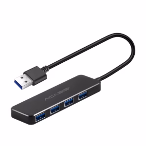 Hub USB 3.0 de 4 Puertos Acasis AB3-L42: ¡Expande tu Conectividad con Velocidad y Potencia Extra!, Hub USB 3.0 de 4 puertos Acasis AB3-L42 de color negro, mostrando sus cuatro puertos USB-A y el puerto de alimentación Micro USB lateral, producto de HD Multimedia.