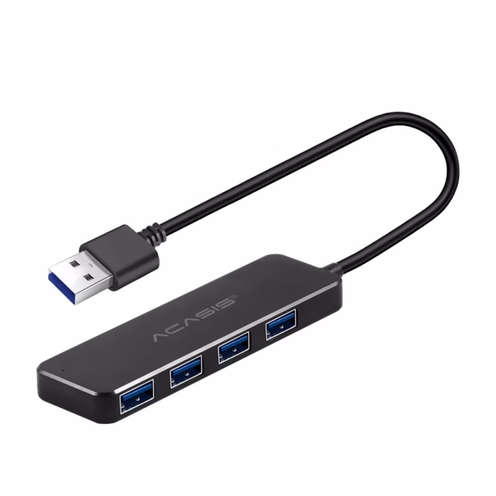 Hub USB  de  Puertos Acasis AB L Expande tu Conectividad con Velocidad y Potencia Extra Hub USB  de  puertos Acasis AB L de color negro mostrando sus cuatro puertos USB A y el puerto de alimentación Micro USB lateral producto de HD Multimedia
