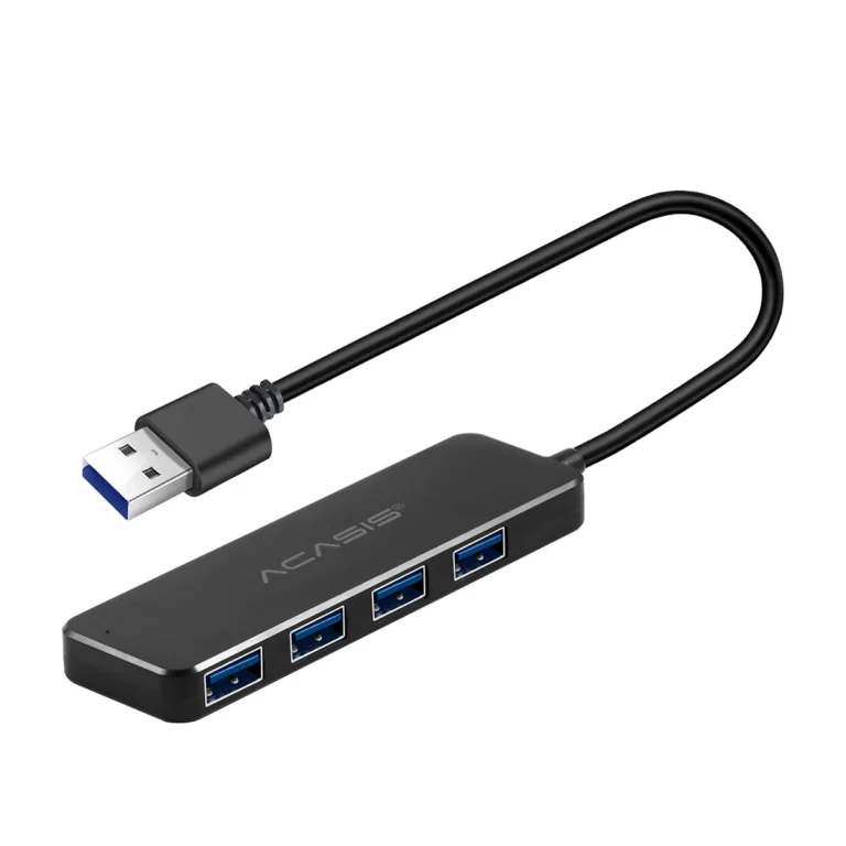 Hub USB 3.0 de 4 Puertos Acasis AB3-L42: ¡Expande tu Conectividad con Velocidad y Potencia Extra!, Hub USB 3.0 de 4 puertos Acasis AB3-L42 de color negro, mostrando sus cuatro puertos USB-A y el puerto de alimentación Micro USB lateral, producto de HD Multimedia.