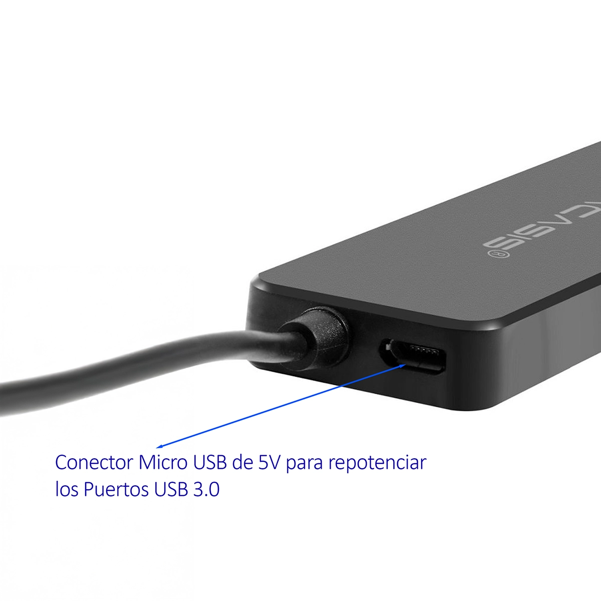 Hub USB 3.0 de 4 Puertos Acasis AB3-L42: ¡Expande tu Conectividad con Velocidad y Potencia Extra!, Hub USB 3.0 de 4 puertos Acasis AB3-L42 de color negro, mostrando sus cuatro puertos USB-A y el puerto de alimentación Micro USB lateral, producto de HD Multimedia.