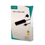 Hub USB 3.0 de 4 Puertos Acasis AB3-L42: ¡Expande tu Conectividad con Velocidad y Potencia Extra!, Hub USB 3.0 de 4 puertos Acasis AB3-L42 de color negro, mostrando sus cuatro puertos USB-A y el puerto de alimentación Micro USB lateral, producto de HD Multimedia.