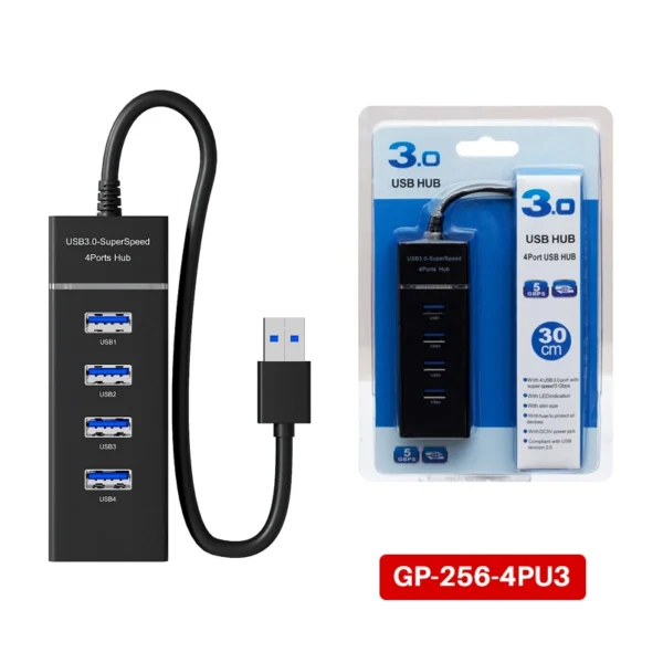 Hub USB 3.0 de 4 Puertos con Cable de 30cm - American NET GP-256-4PU3 Concentrador USB 3.0 de 4 Puertos a 5Gbps con Cable de 30cm