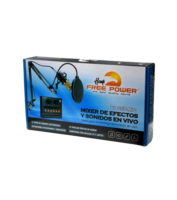 Micrófono Profesional con Mixer - Hawk Free Power V8-SET-MIC Set de Micrófono Condensador Profesional con Efectos y Sonidos en Vivo - V8-SET-MIC Hawk Free Power