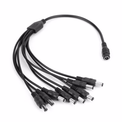 Pulpo DC Splitter de Poder  a  American NET GP  DC  Alimenta  Cámaras con  Sola Fuente Cable splitter de poder tipo pulpo American NET GP  DC  de color negro mostrando su conector de entrada DC hembra y sus ocho conectores de salida DC macho un accesorio para CCTV de HD Multimedia