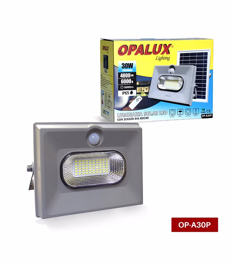 Reflector LED de 30W Opalux OP A30P HD Multimedia PERU SAC Reflector LED de W Recargable con Panel Solar Opalux OP AP | Lumens