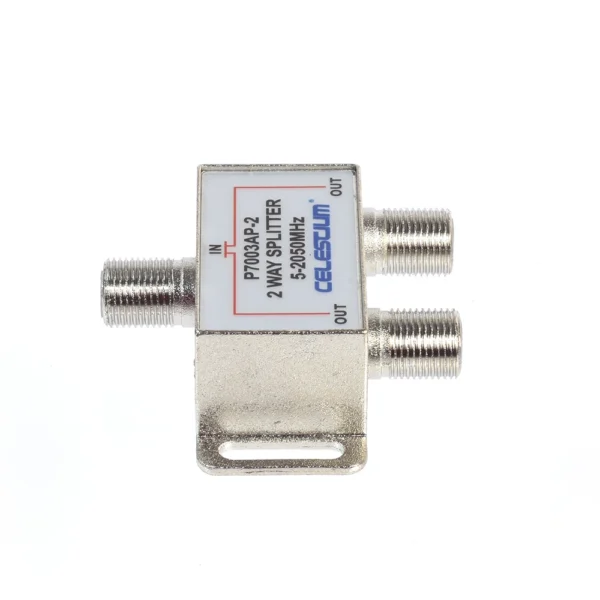 Splitter Coaxial de 2 puertos 2050Mhz Celestium P7003AP-2 Splitter de 2 vías 5-100Mhz / Mark 5-2050Hz, Divisor para señal de Antena o Cable TV coaxial con 2 Salidas