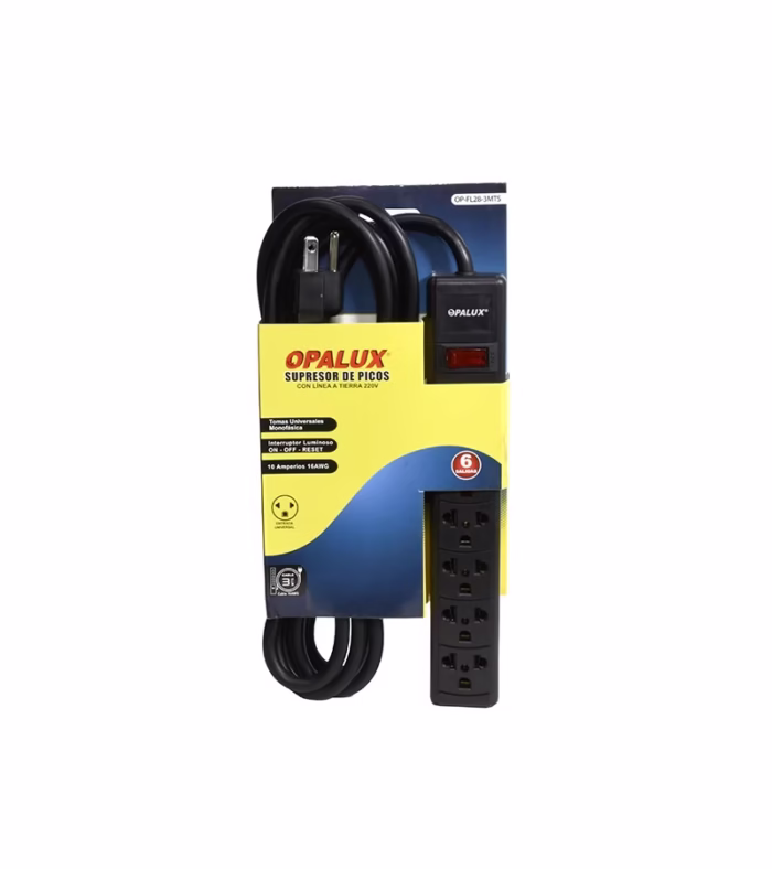 Regleta Eléctrica de mt Supresor de Pico M con  Tomas Universales y Cable de Poder de AWG Opalux OP FL MTS