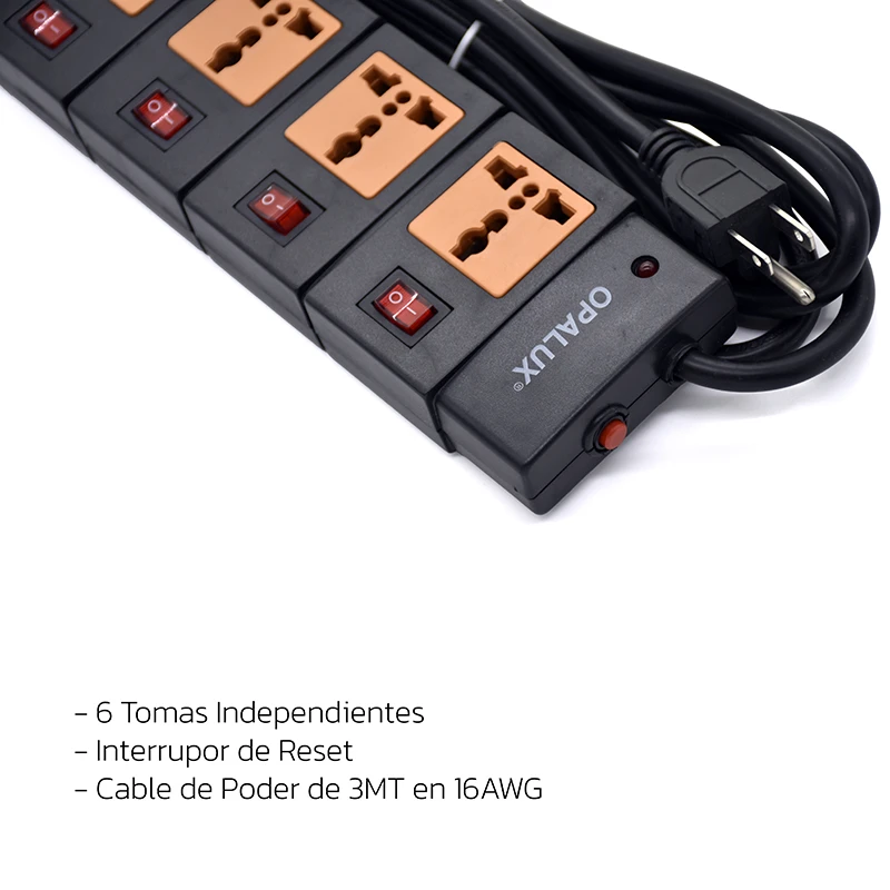 Regleta Eléctrica de 6 Tomas Independiente y enchufe Universal - 3 Metros de Cable a 16AWG | Opalux 14-540B