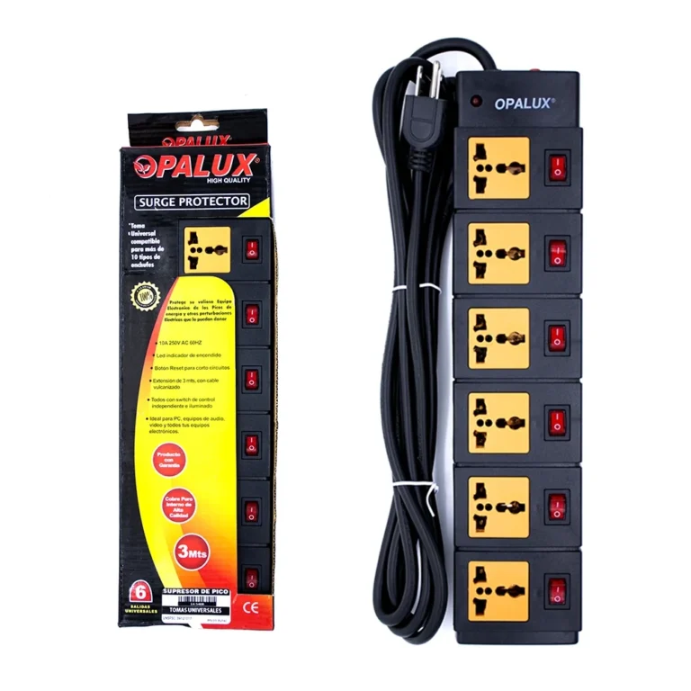 Supresor de Pico de 3MT con toma Independiente Opalux 14-540B Regleta Eléctrica de 6 Tomas Independiente y enchufe Universal - 3 Metros de Cable a 16AWG | Opalux 14-540B