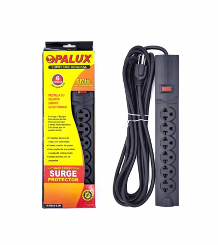 Regleta Eléctrica de 5 Metros de 16AWG Opalux 14-515AB-5M, Supresor de Pico 5MT de 6 Tomas Universales