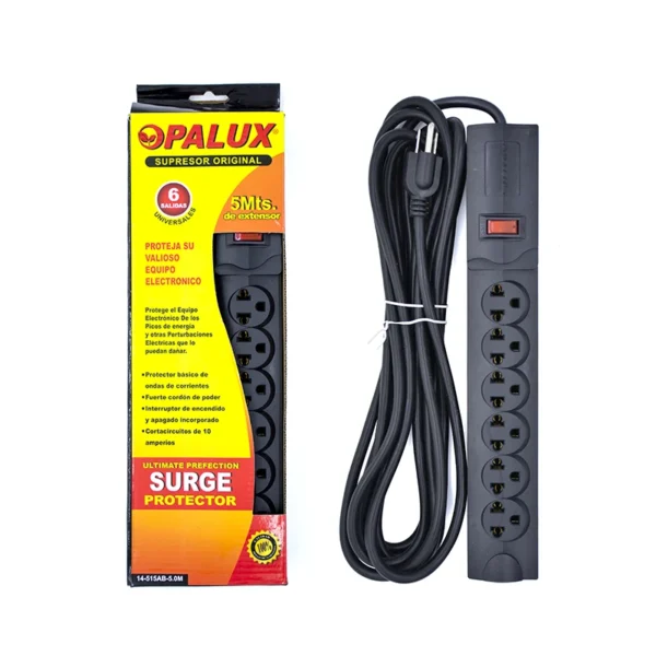 Regleta Eléctrica de 5 Metros de 16AWG Opalux 14-515AB-5M, Supresor de Pico 5MT de 6 Tomas Universales