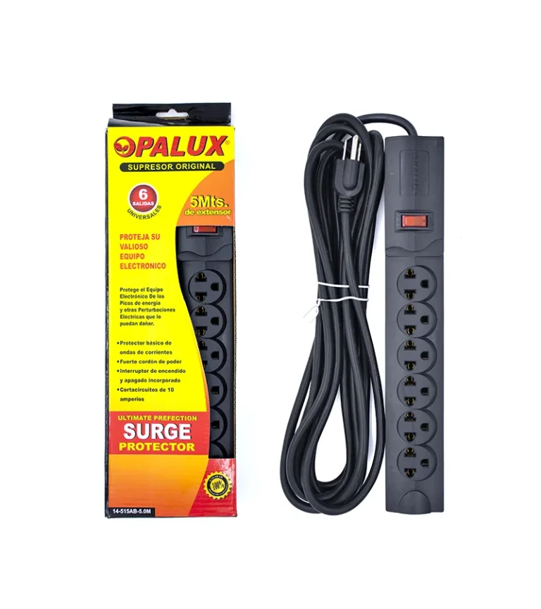 Regleta Eléctrica de 5 Metros de 16AWG Opalux 14-515AB-5M, Supresor de Pico 5MT de 6 Tomas Universales