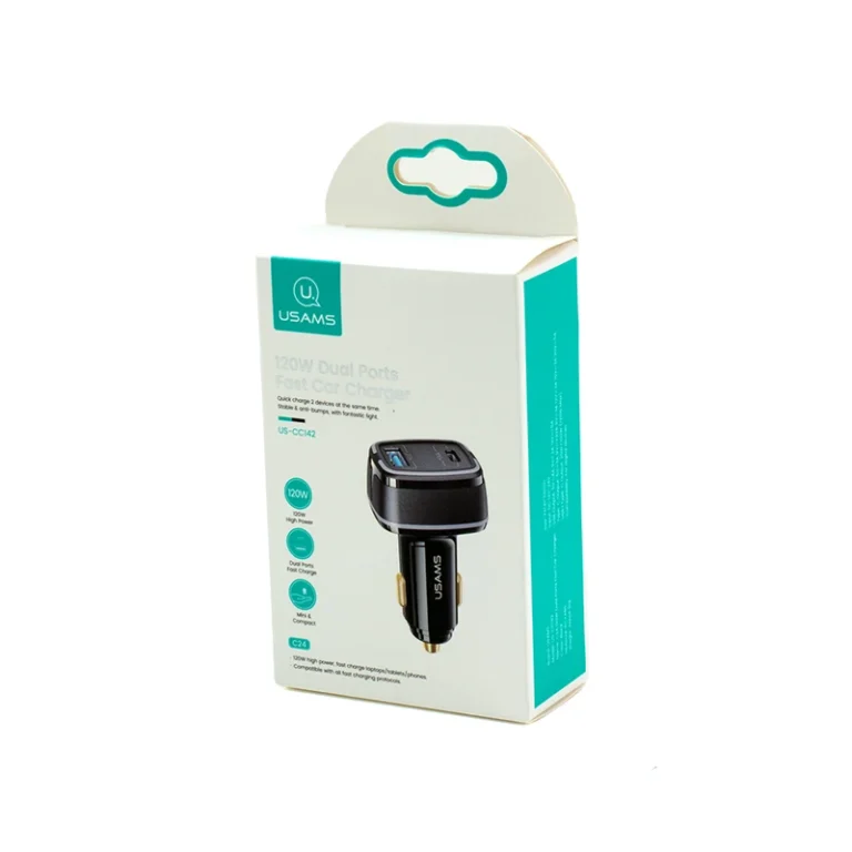 Cargador de Carro para Tablet | Laptop | Celular | USB C | 100W | USB Carga Rápida de 20W | USAMS | US-CC142 Cargador de Tableta para Camioneta o Carro