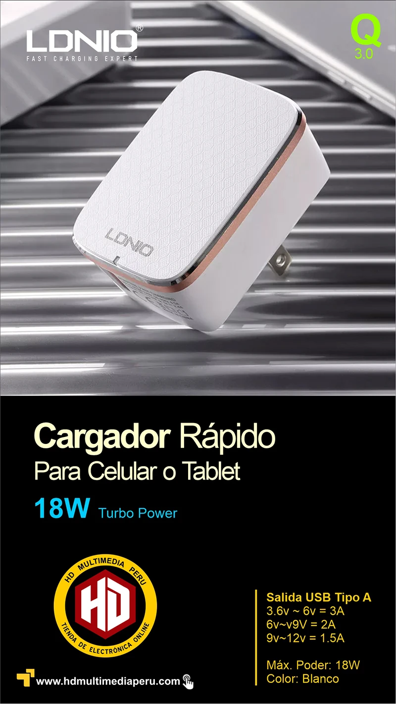 Cargador Rápido para Celular 18W Q3 Ldnio A1204Q Cargador Rápido para Celular o Tableta con tecnología Q3.0 y Cable USB C de 1 Metro Ldnio A1204Q