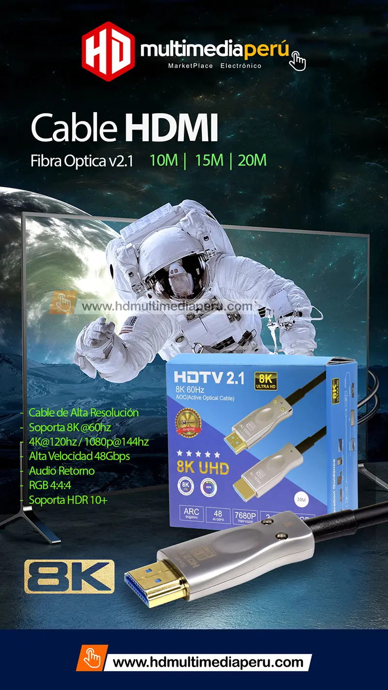 Cable HDMI de 10MT con fibra Optica  8K v2.1 Delcom DAOC010 detalles
