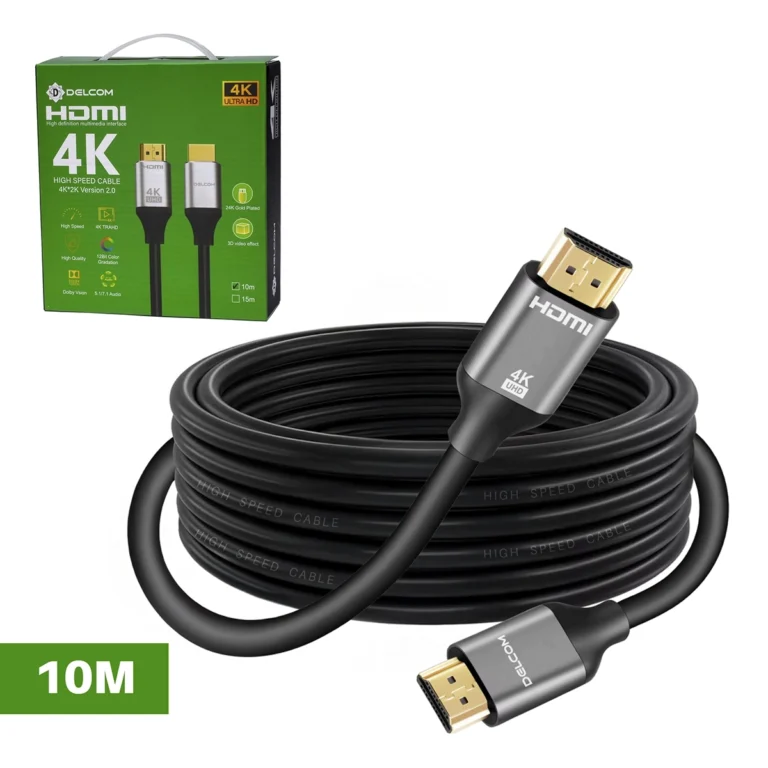 Cable HDMI de 10 Metros 4K@ Delcom DCHD043 v2.0 Premium: Lleva tu Señal 4K a 10 Metros sin Pérdidas, Cable HDMI 2.0 premium Delcom DCHD043 de 10 metros color negro, mostrando sus conectores reforzados de aluminio y bañados en oro, un producto de alta calidad de HD Multimedia PERU SAC.