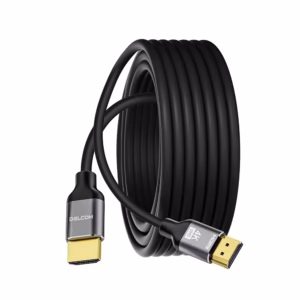Coiled black HDMI cable with gold-plated connectors, showing 4K HDR branding on the connector cap.
