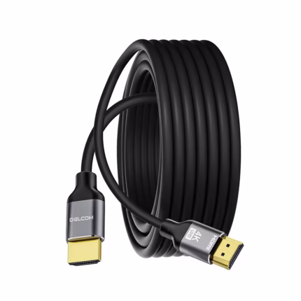 Coiled black HDMI cable with gold-plated connectors, showing 4K HDR branding on the connector cap.