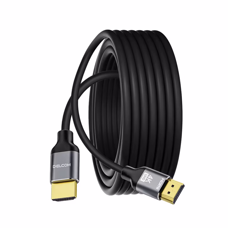 Coiled black HDMI cable with gold-plated connectors, showing 4K HDR branding on the connector cap.
