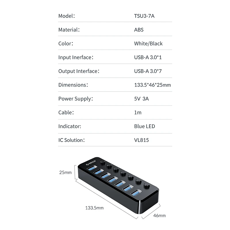 HUB USB 3.0 de 7 Puertos Orico TSU3-7A, Concentrador USB 3.0 de 7P