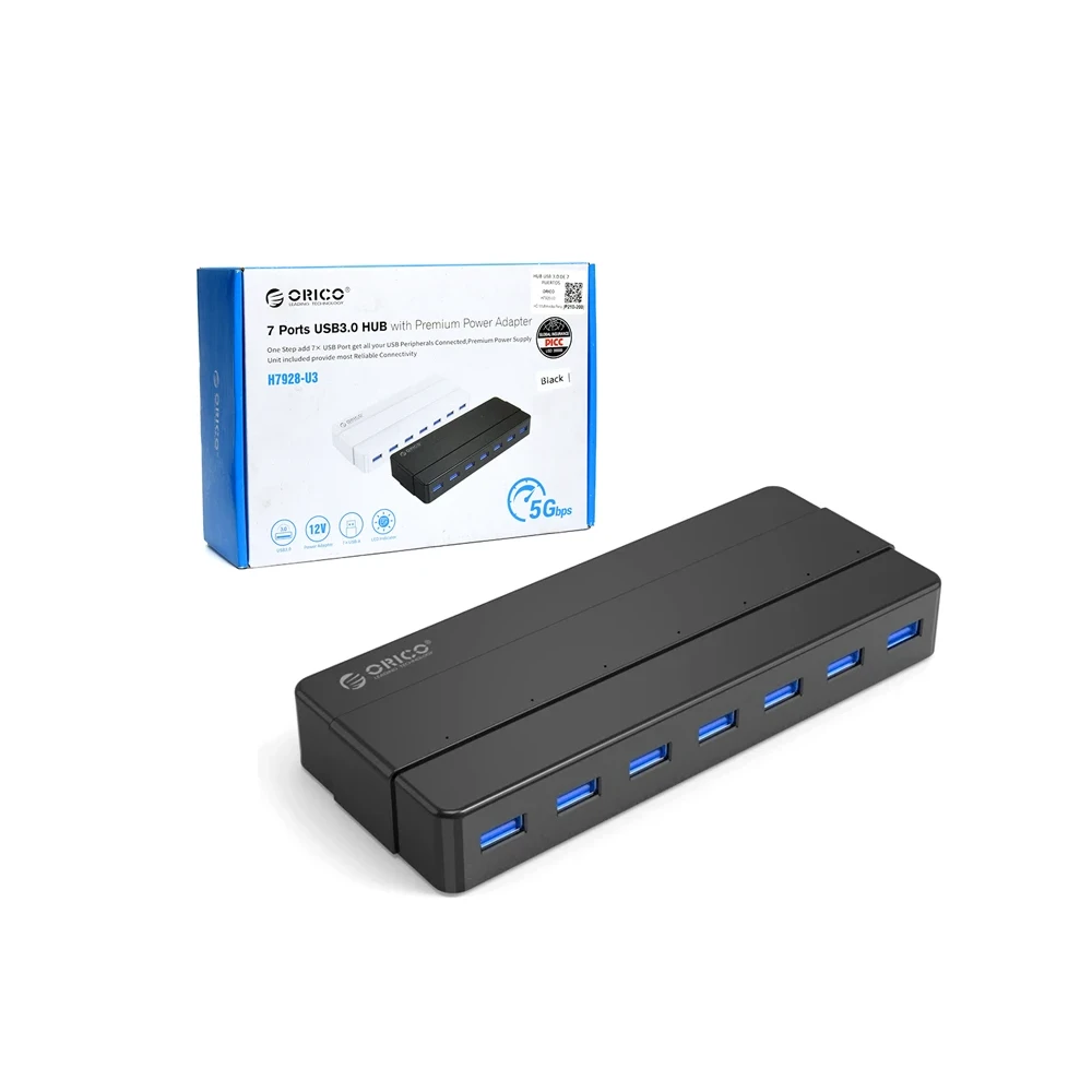 HUB de 7 Puertos USB 3.0 Orico H7928-U3 Concentrador USB 3.0 de 7 Puertos a 5Gbps con Adaptador de 12V2A - Orico H7928-U3, HUB USB 3.0 de 7 Puertos con Fuente DC