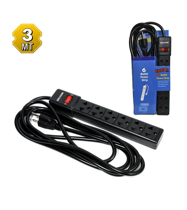Regleta Eléctrica de 3M marca Delcom DSUP003, Supresor de Pico o Regleta Eléctrica con Cable de 3 Metros y 6 Tomas Americanas: Potencia y Conveniencia en un Solo Dispositivo