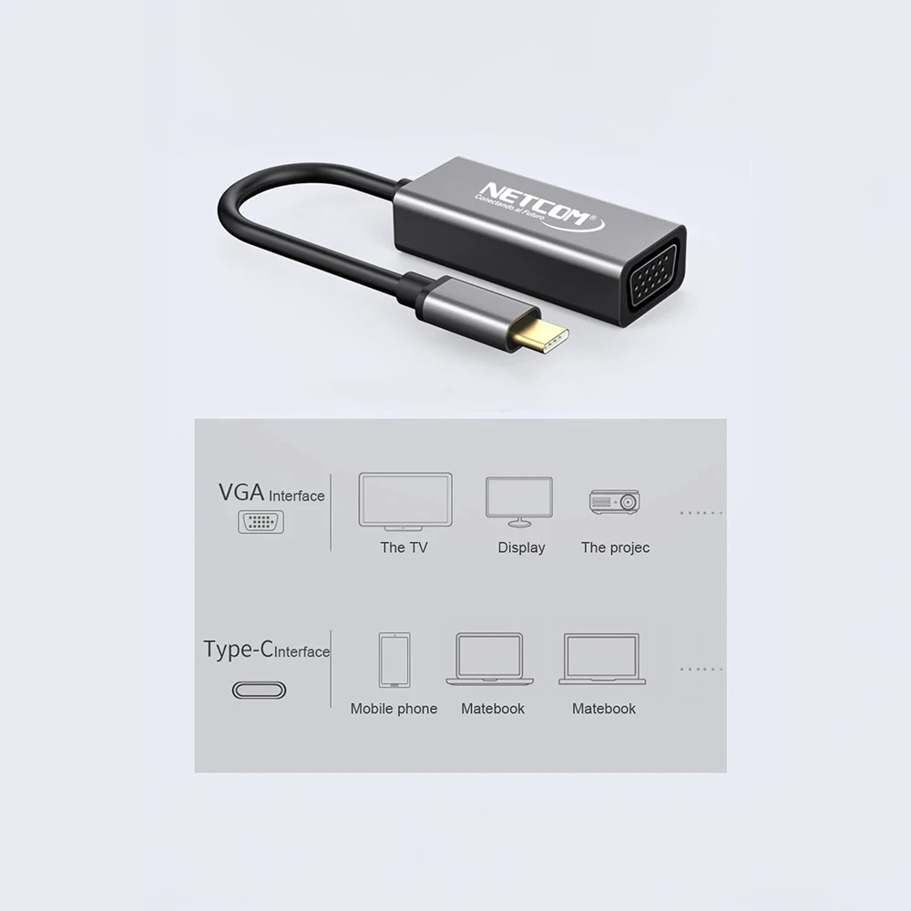 Convertidor USB Tipo C a VGA DB15 Hembra - Netcom PE-TA0090