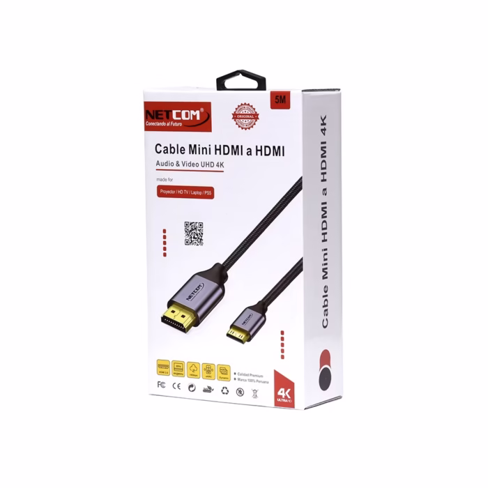 Cable Mini HDMI de MT Khz Netcom PE HD Cable Mini HDMI de  Metros con Conectores Dorados y con Soporte de Resolución K Ultra HD hz Netcom PE HD Disfruta de imágenes en alta definición a larga distancia