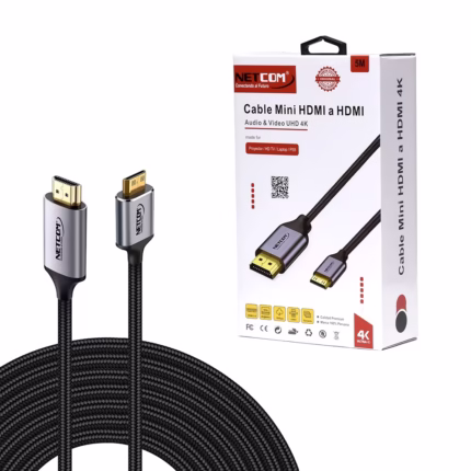 Cable Mini HDMI de 5MT 4K@60hz Netcom PE-HD0845 Cable Mini HDMI de 5 Metros con Conectores Dorados y con Soporte de Resolución 4K Ultra HD @60hz Netcom PE-HD0845: Disfruta de imágenes en alta definición a larga distancia