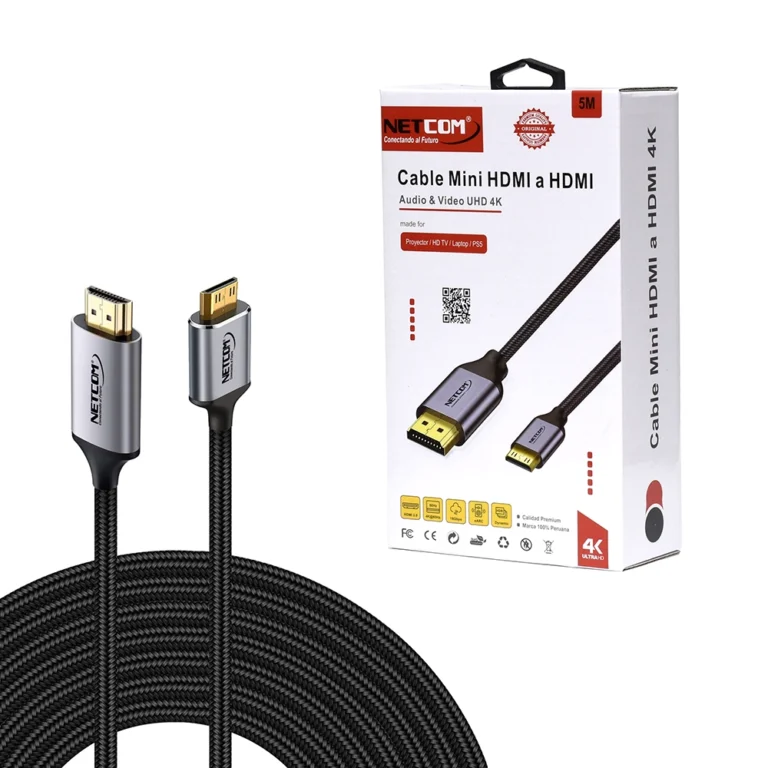 Cable Mini HDMI de 5MT 4K@60hz Netcom PE-HD0845 Cable Mini HDMI de 5 Metros con Conectores Dorados y con Soporte de Resolución 4K Ultra HD @60hz Netcom PE-HD0845: Disfruta de imágenes en alta definición a larga distancia