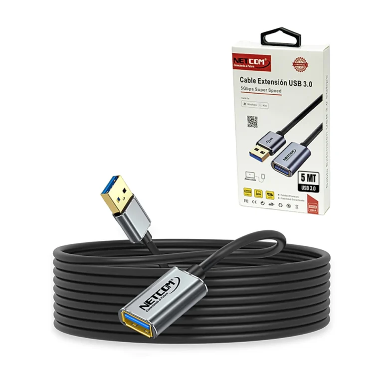 Extensión USB3 de 5M Metal Shield Netcom PE-CA0094 Extensión de USB 3.0 Macho a Hembra de 5 Metros con Conector Metálico Reforzado - NETCOM PE-CA0094