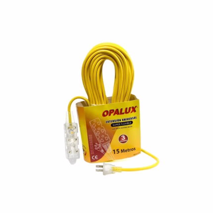 Extensión de Corriente de 15 Metros Opalux OP-FL1215 Extensión de Corriente con 3 Tomas Siliconadas con Luz Indicador y Cable de 15MT Opalux OP-FL1215, Extensión Eléctrica Vulcanizada