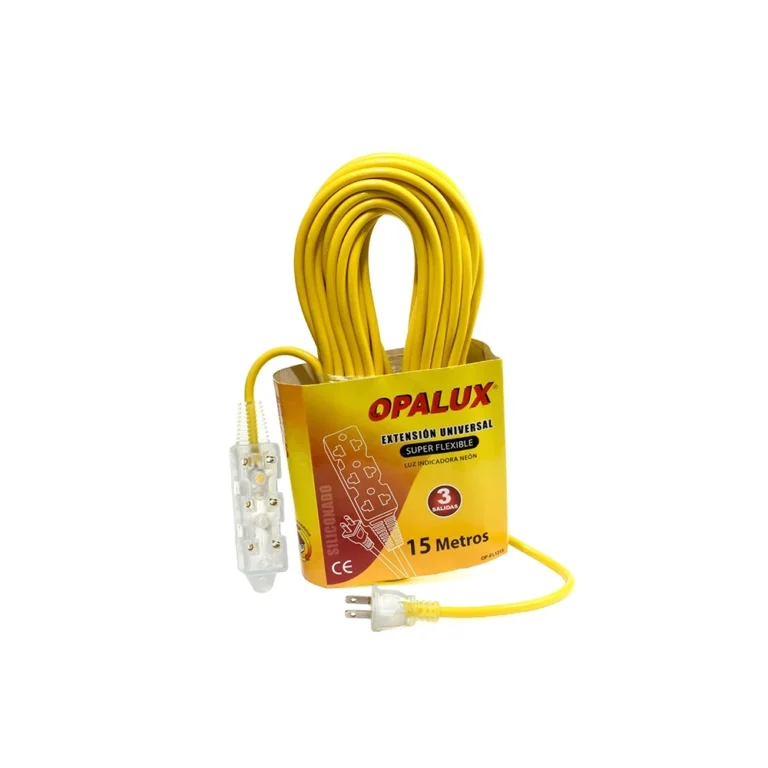 Extensión de Corriente de 15 Metros Opalux OP-FL1215 Extensión de Corriente con 3 Tomas Siliconadas con Luz Indicador y Cable de 15MT Opalux OP-FL1215, Extensión Eléctrica Vulcanizada