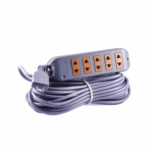Extensión Universal Vulcanizada de 15M OP-830-15M Extensión eléctrica 15mts "Opalux" con 5 de tomacorrientes Americanas color gris y naranja