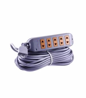 Extensión Universal Vulcanizada de 15M OP-830-15M Extensión eléctrica 15mts "Opalux" con 5 de tomacorrientes Americanas color gris y naranja