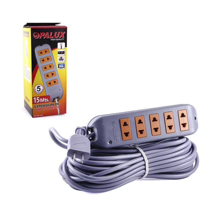 Extensión de Corriente de 15Mts Opalux OP-830-15M Extensión Universal Vulcanizada de 15M OP-830-15M, Extensión eléctrica 15mts "Opalux" con 5 de tomacorrientes Americanas color gris y naranja