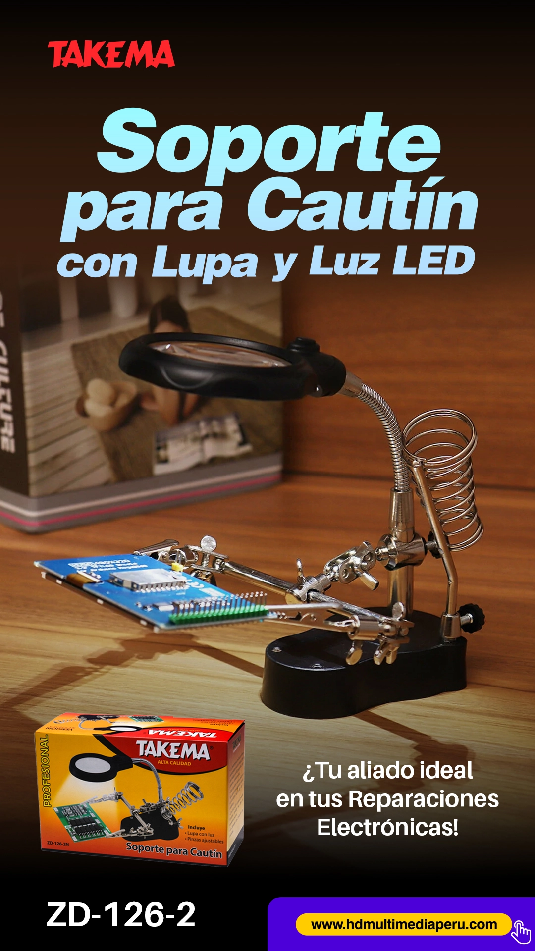 Takema ZD-126-2 Soporte Cautín con Lupa 3X, Luz LED y Pinzas: Precisión y Comodidad para tus Trabajos Electrónicos