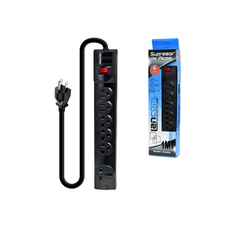 Supresor de Pico de 1M Lancom ZX-8059-1M Regleta Eléctrica de 6 Tomas con Cable de Poder de 1 Metro- Lancom ZX-8059, Supresor de Pico con 2 Tomas Planas + 3 Tomas Americanas + 1 Toma Universal y Cable de Poder de 16AWG de 1MT