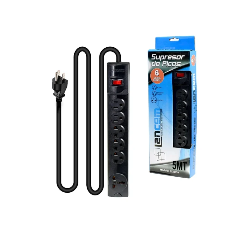 Supresor de Pico de 5M Lancom ZX-8059-5M Regleta Eléctrica de 6 Tomas con Cable de Poder de 5 Metros Lancom ZX-8059, Supresor de Pico con 2 Tomas Planas + 3 Tomas Americanas + 1 Toma Universal y Cable de Poder de 16AWG de 5MT