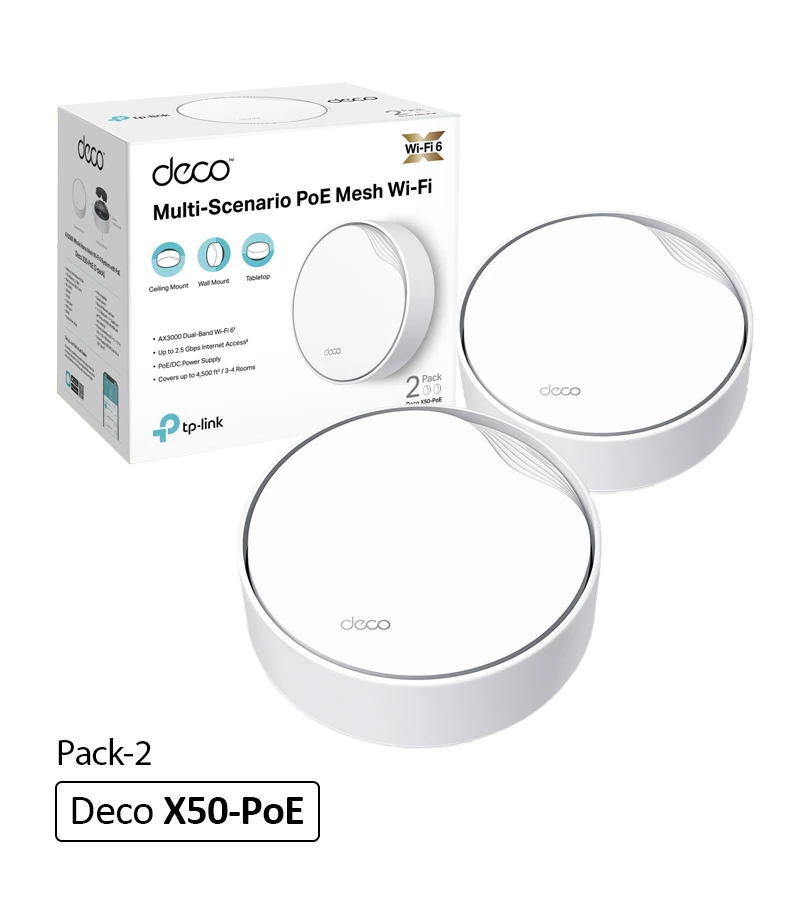 Deco X50-PoE Pack-2 Sistema Mesh WiFi6 Mesh con AI AX3000 Sistema Deco Mesh X50-PoE con Wi-Fi 6 y Inteligencia Artificial AX3000 Pack de 2 Equipos