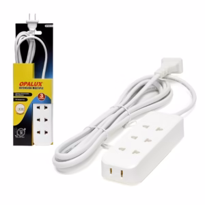 Extensión de Corriente de 3 Metros Opalux OP-NK114 Extensión Eléctrica de 3 Tomas Universales + 1 toma Plana con Cable de 3 Metros de 18AWG Color Blanco