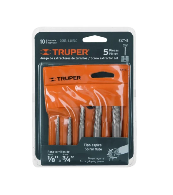 Juego con 5 extractores de tornillos Truper EXT-5 Juego de 5 Extractores de Tornillos en Acero al Cromo - Truper EXT-5