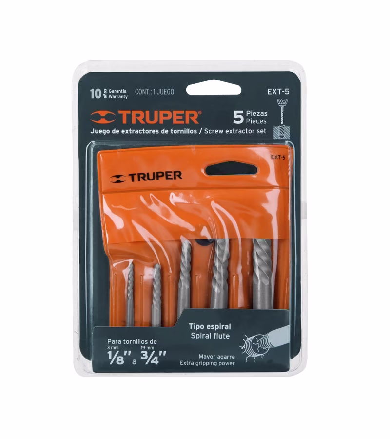 Juego con 5 Extractores de Tornillos Truper EXT 5 HD Multimedia PERU SAC Juego con extractores de tornillos Truper EXT Juego de Extractores de Tornillos en Acero al Cromo Truper EXT